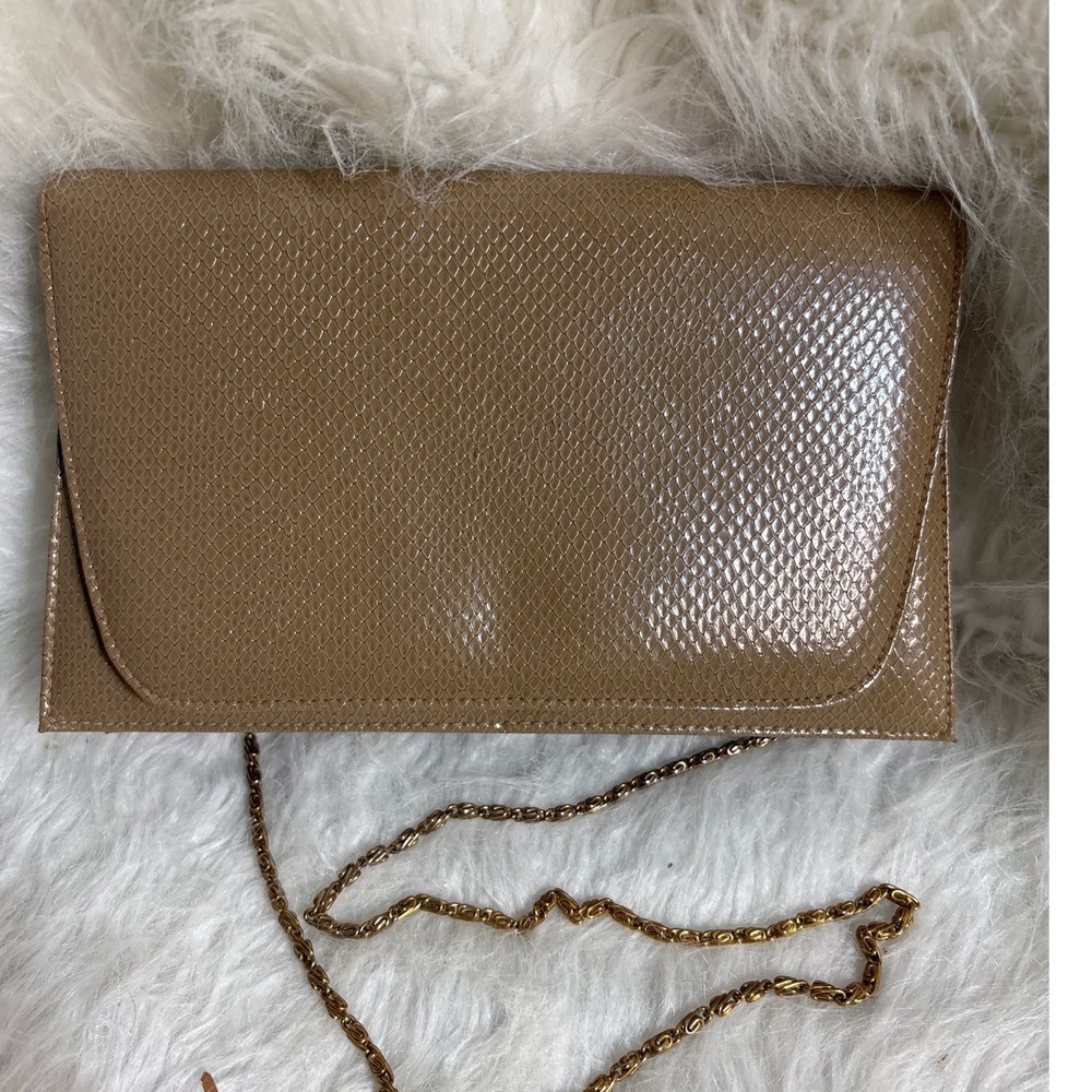 Ande Vintage Tan Snakeskin Embossed Envelope Clutch Gold Chain Crossbody Bag